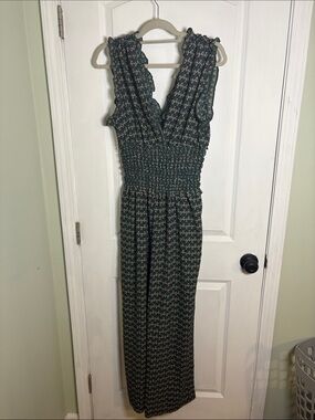 Max Studio Dark Green Printed Smocked Jumpsuit